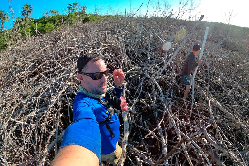 El doctor Robert. Mayer y José Vera caminan entre mangles rojos muertos. Uno de ellos sostiene la cámara a modo de 'selfie'.