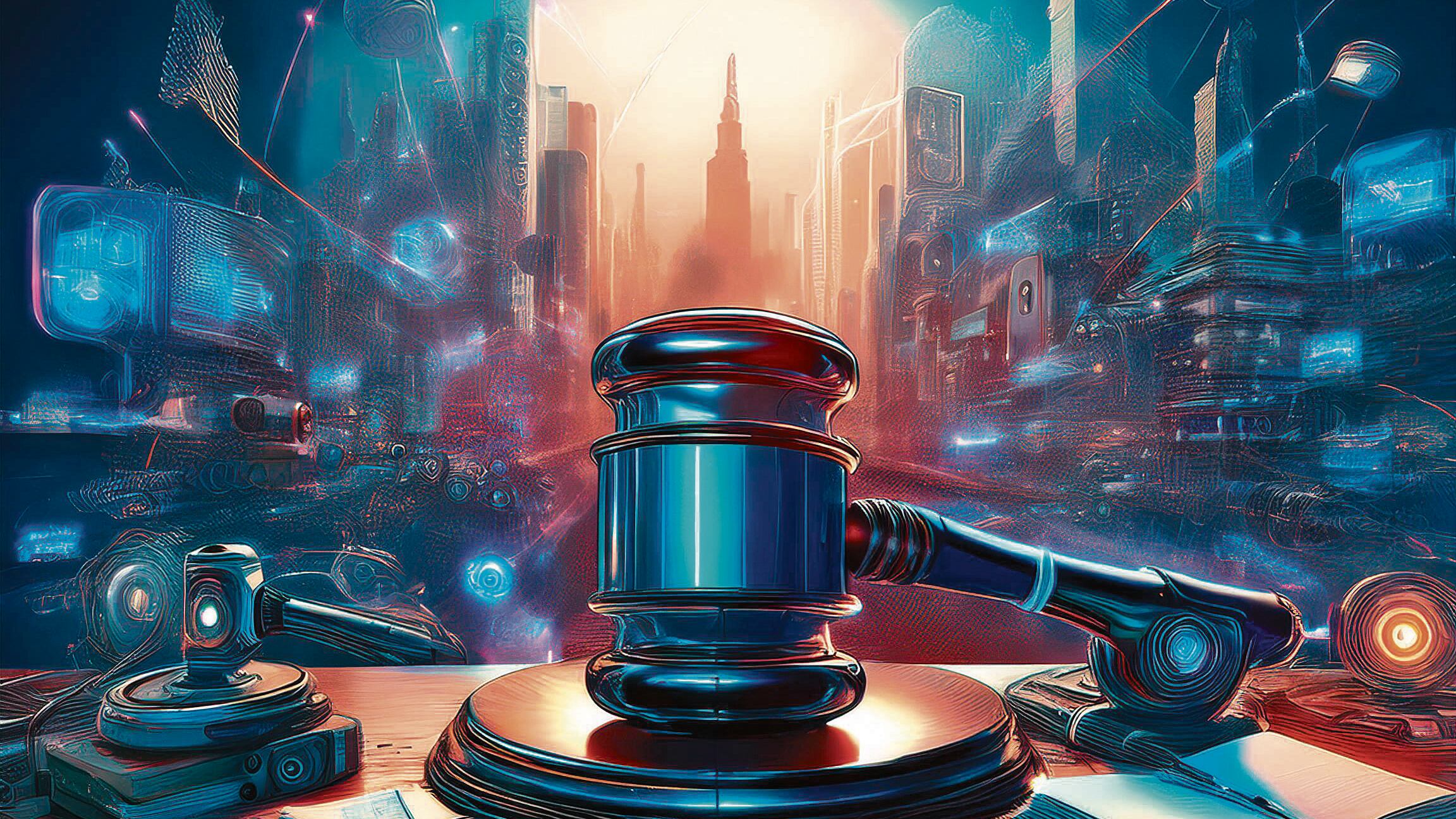 Ilustración. Mazo, redes sociales, tecnología, legal, decisión, jurídico