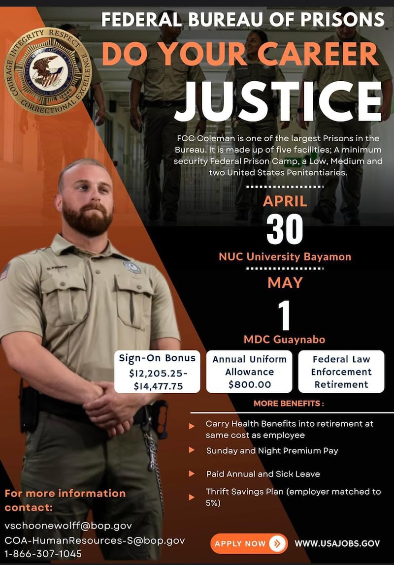 Reclutarán en Puerto Rico guardias correccionales federales