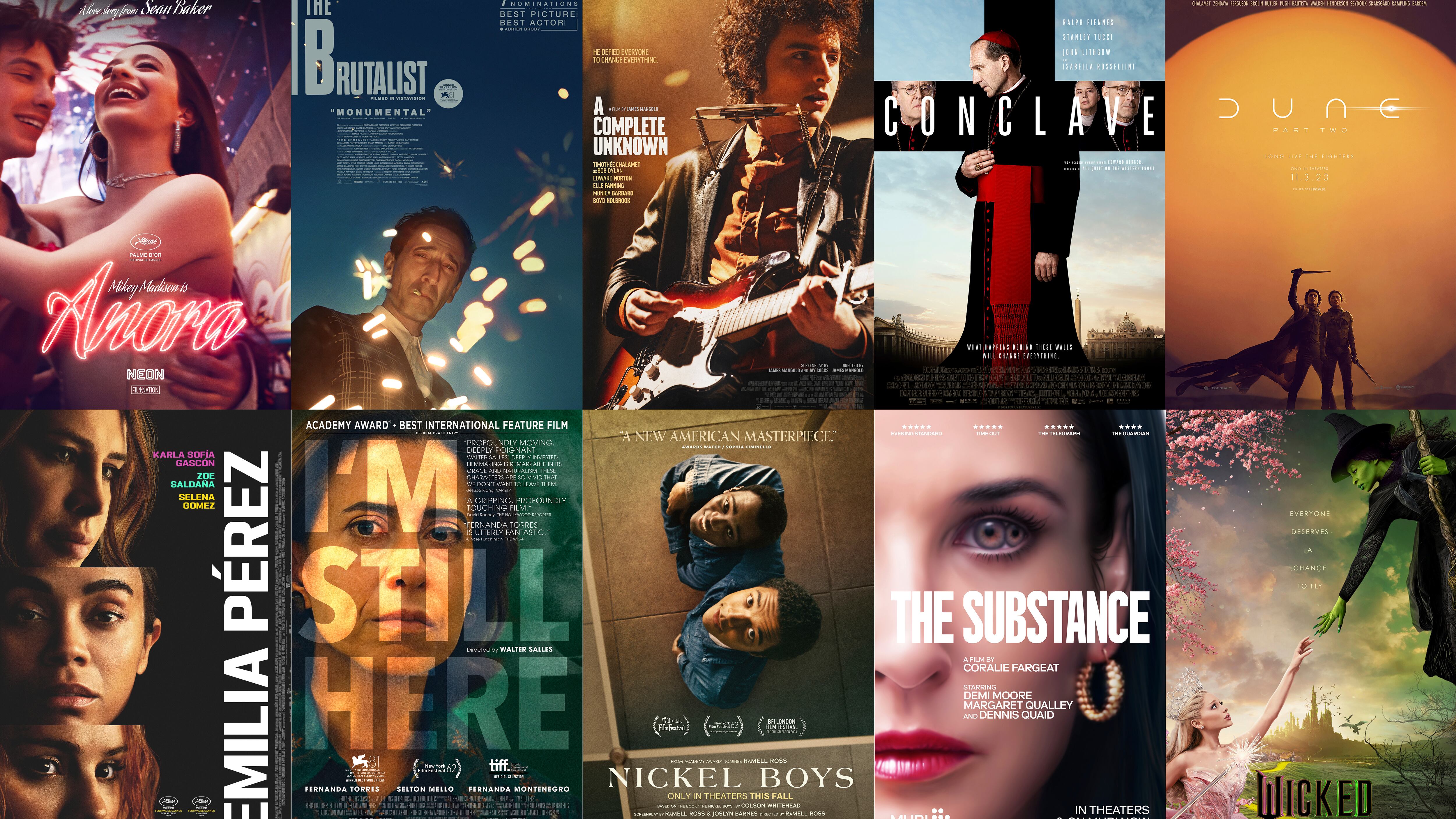 Esta combinación de imágenes muestra arte promocional de las 10 películas nominadas al Oscar a la mejor película, fila superior desde la izquierda, "Anora", "The Brutalist", "A Complete Unknown", "Conclave" y "Dune: Part Two", fila inferior desde la izquierda, "Emilia Perez", “Ainda estou aquí”, "The Nickel Boys", "The Substance" y "Wicked". (Neon/A24/Searchlight Pictures/Focus Features/Warner Bros. Pictures/Netflix/Sony Pictures Classics/Amazon-MGM/Mubi/Universal Pictures via AP)