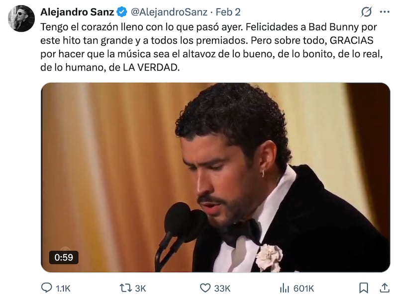 Alejandro Sanz felicitó a Bad Bunny por su Grammy
