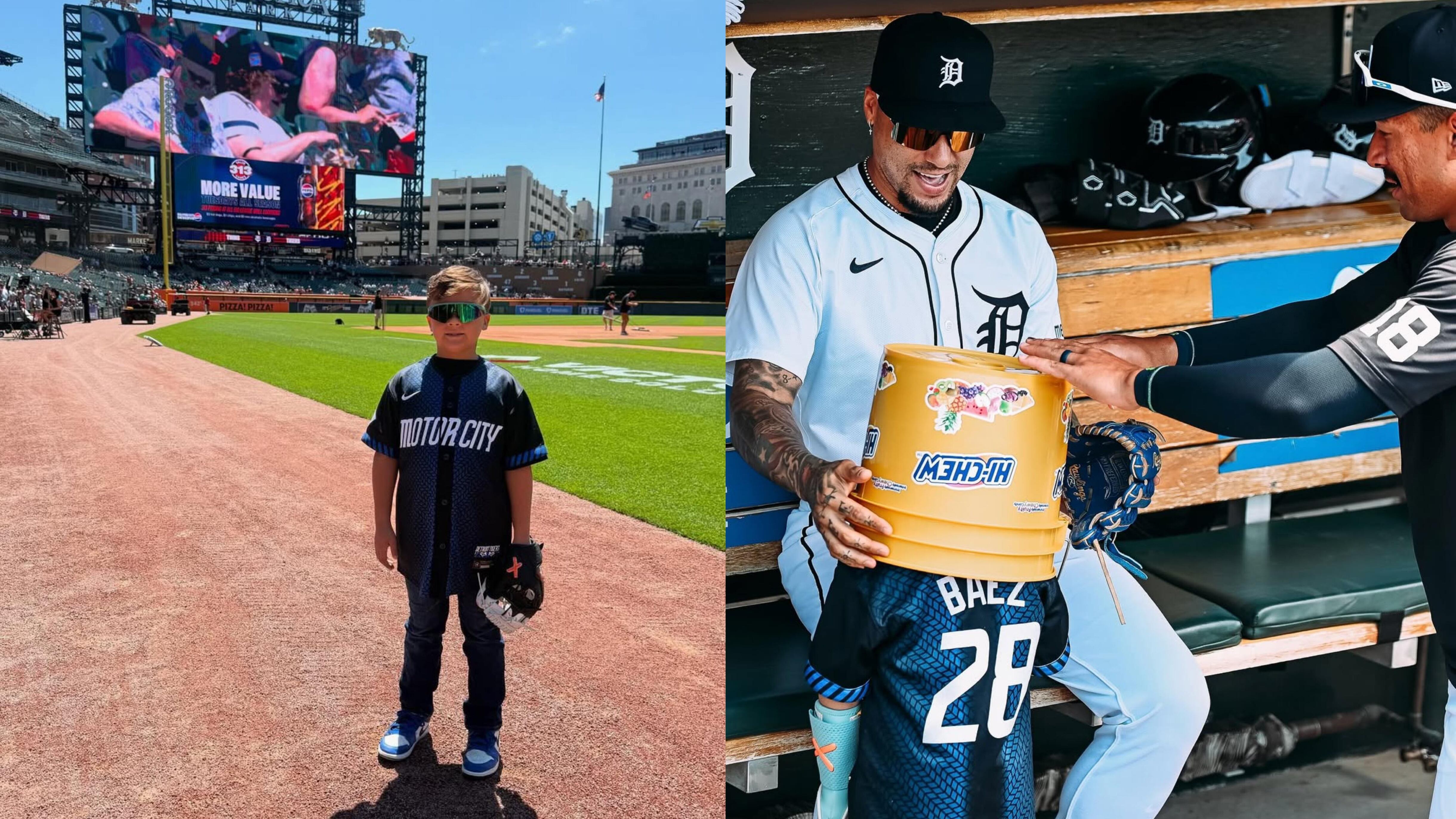 Adrián, hijo de Javy Báez, lanzó su primer pitcheo a su papá antes del juego de los Tigers vs los Twins, celebrando su cumpleaños #7 frente a miles de fanáticos.