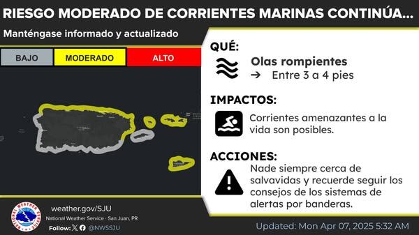 Riesgo moderado de corrientes marinas para el lunes, 7 de abril de 2025.