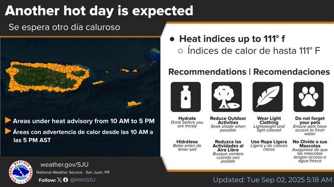 Tiempo en Puerto Rico para el 3 de septiembre de 2025.