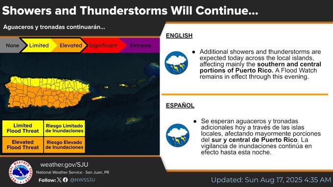 Aguaceros y tronadas para este lunes, 18 de agosto de 2025, en Puerto Rico.