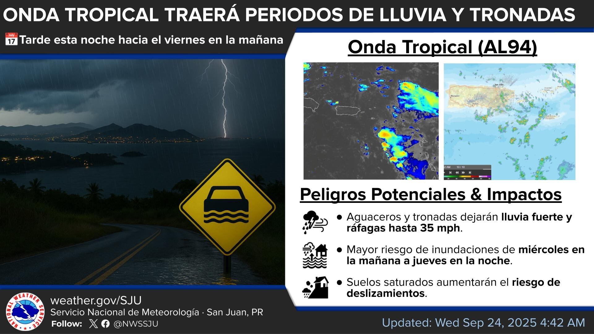 Onda tropical provocará lluvias fuertes y tronadas en Puerto Rico.