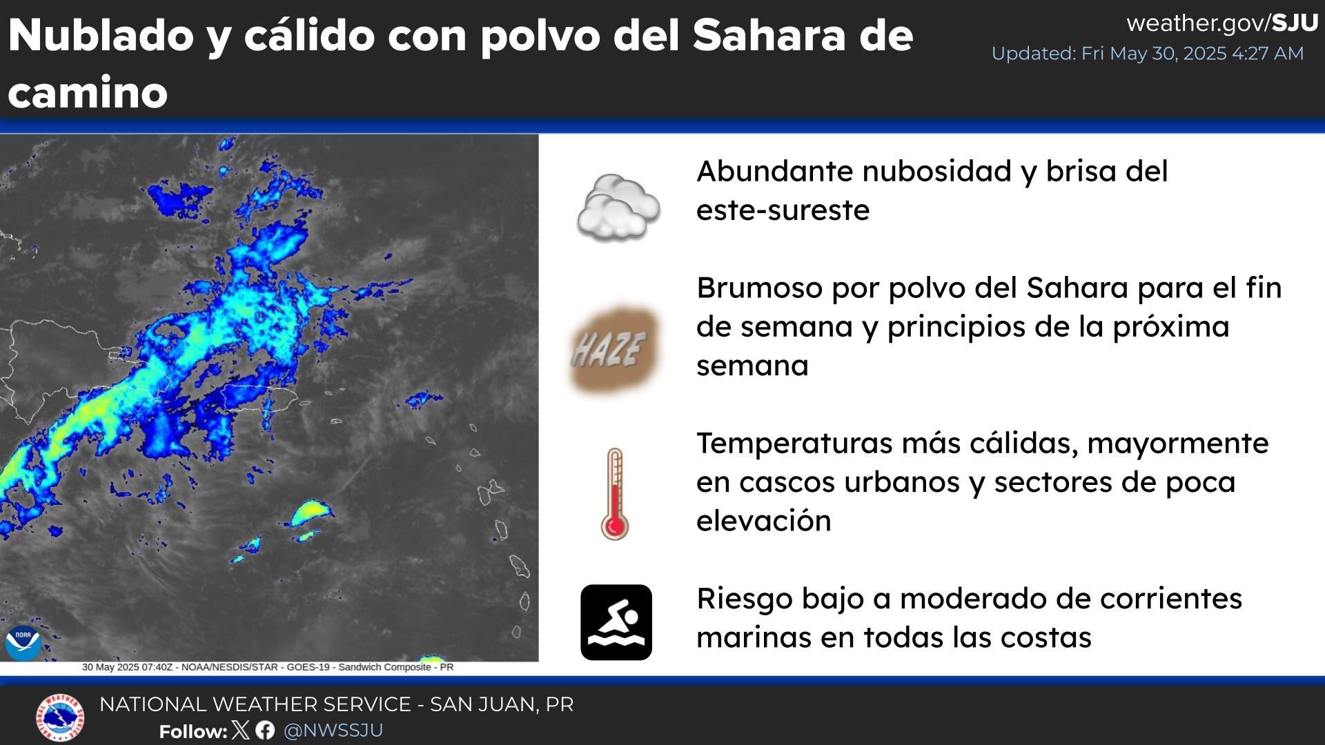 Tiempo para el viernes, 30 de mayo de 2025, y el fin de semana.