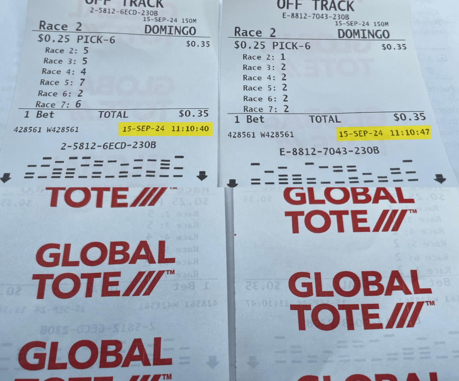 Los boletos de apuesta hípica, que son parte del sistema Global Tote, detallan día, fecha y hora en la que es efectuada la jugada.