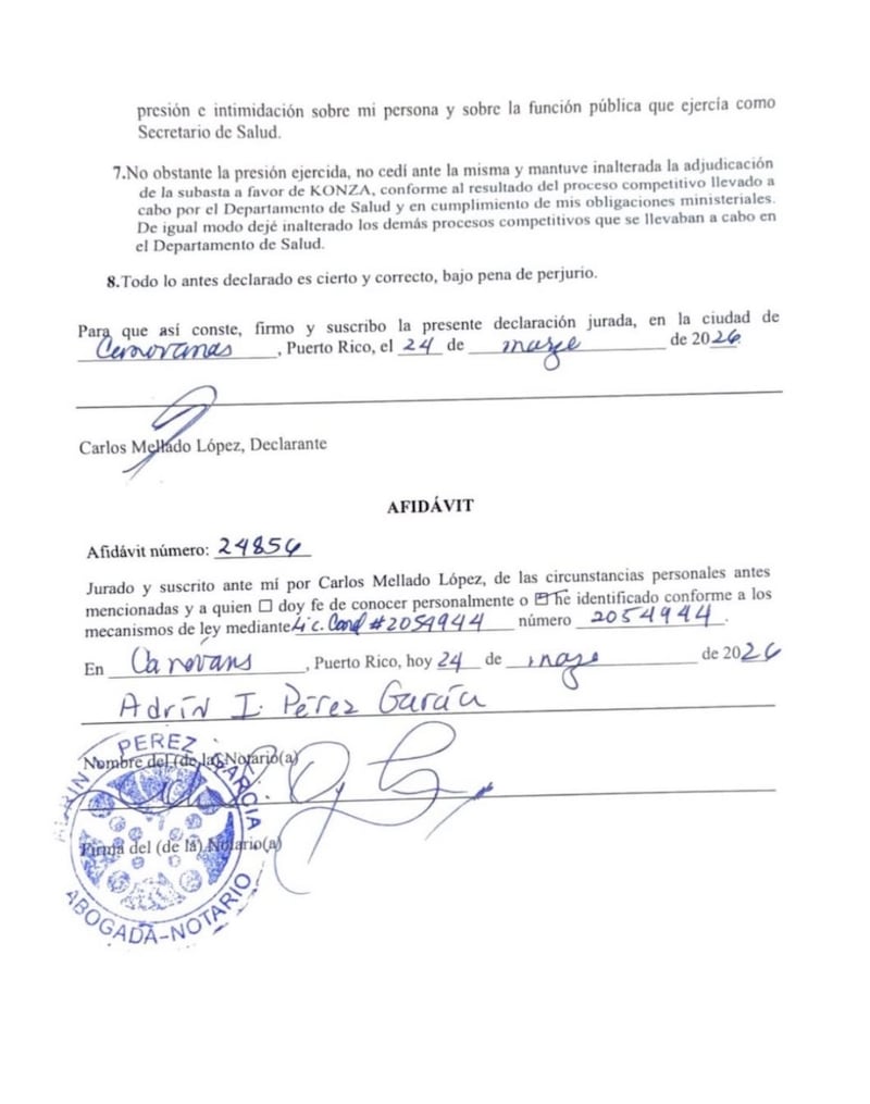 El exsecretario de Salud, Carlos Mellado López, declaró bajo juramento que fue objeto de presiones e intentos de persuasión para revertir la adjudicación de una subasta relacionada con un sistema de intercambio de información de salud (HIE), en hechos que ubica en noviembre de 2024, tras las elecciones generales.