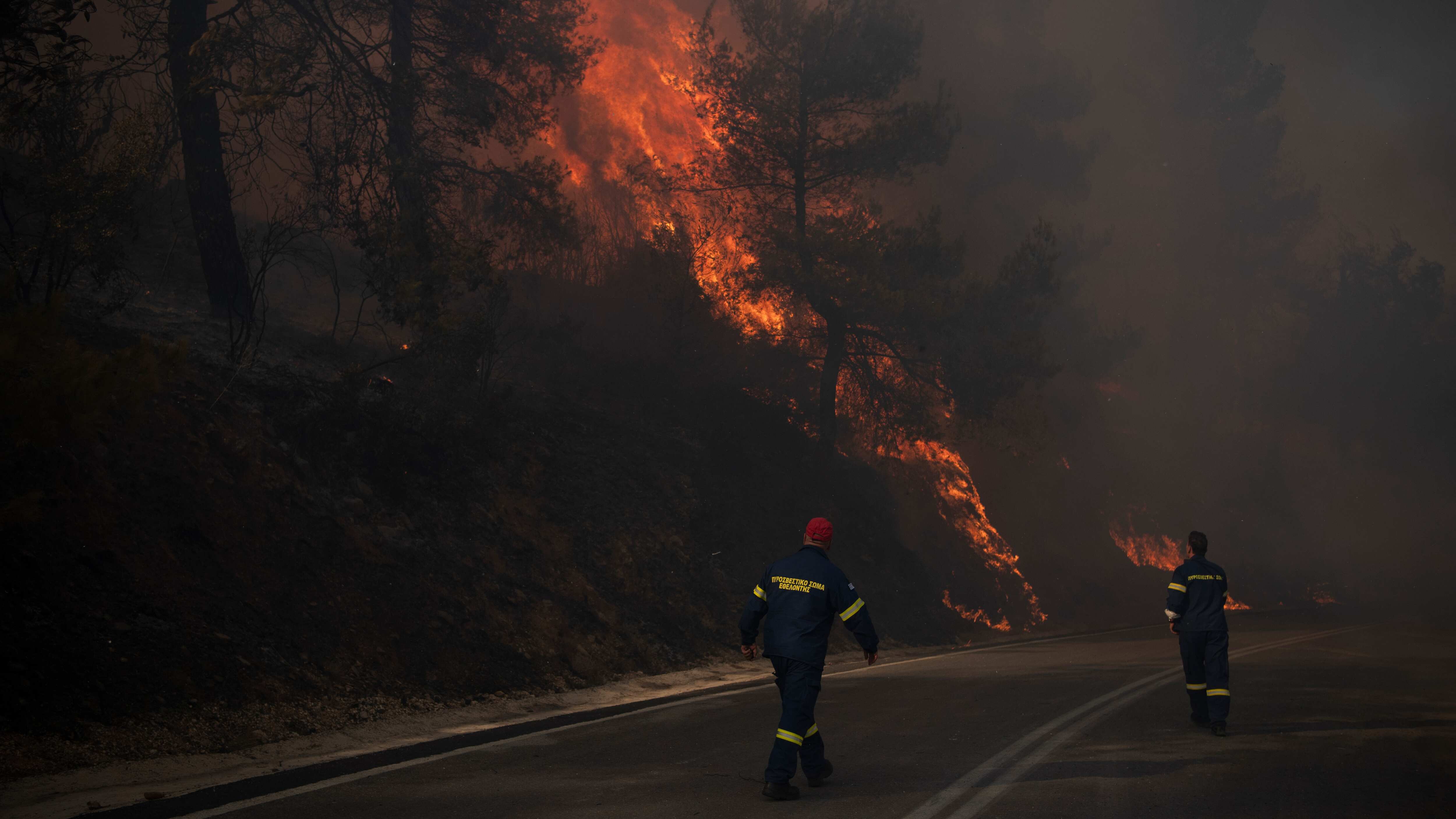 Bomberos inspeccionan las llamas cerca de una carretera en Varnava durante un incendio forestal, al norte de Atenas, Grecia, el domingo 11 de agosto de 2024. (Foto AP/Michael Varaklas)