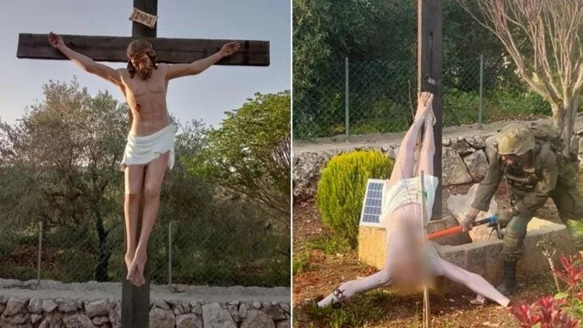 soldado israelí destruye a martillazos un Cristo