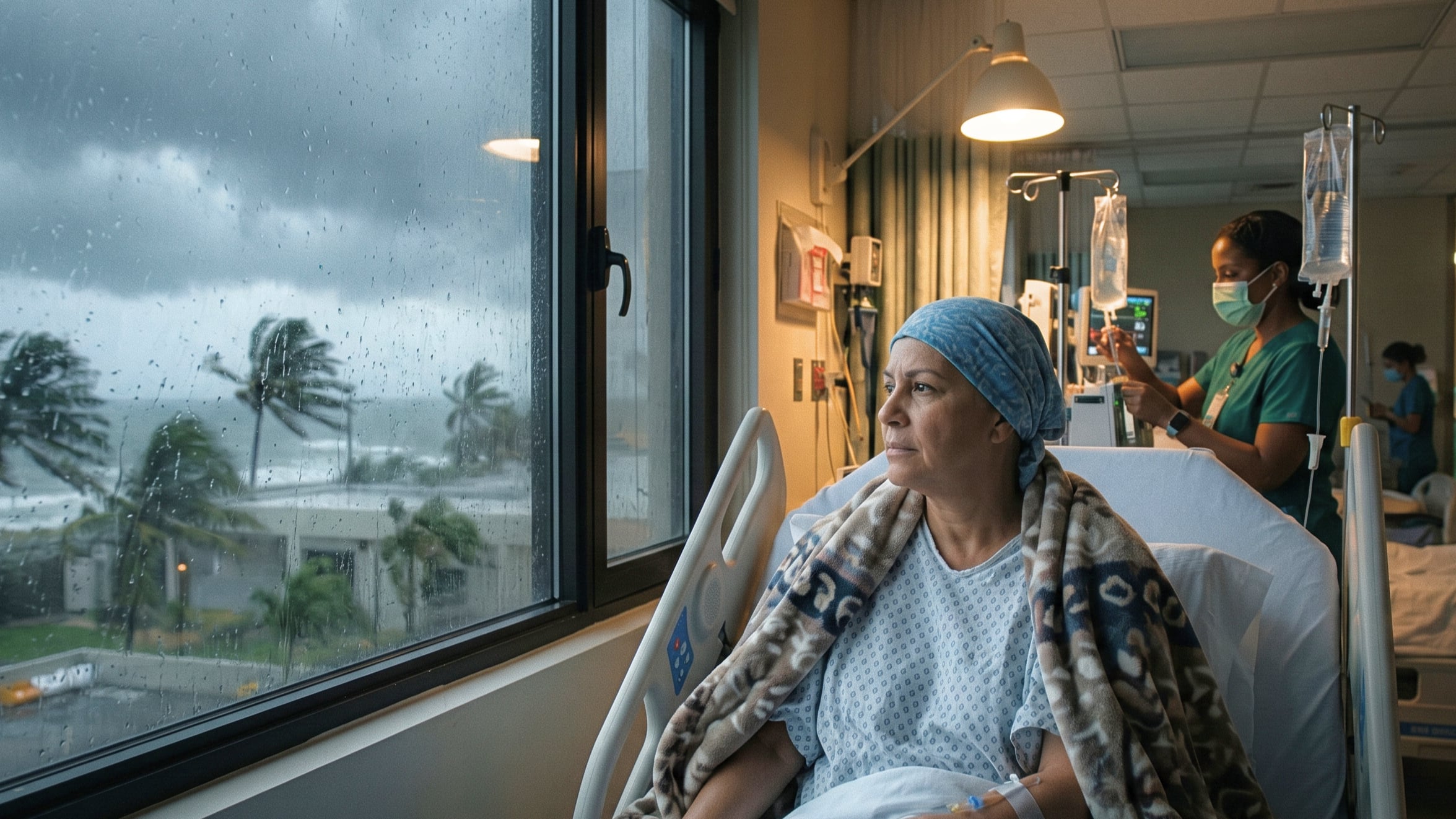 Paciente oncológica mira hacia afuera.