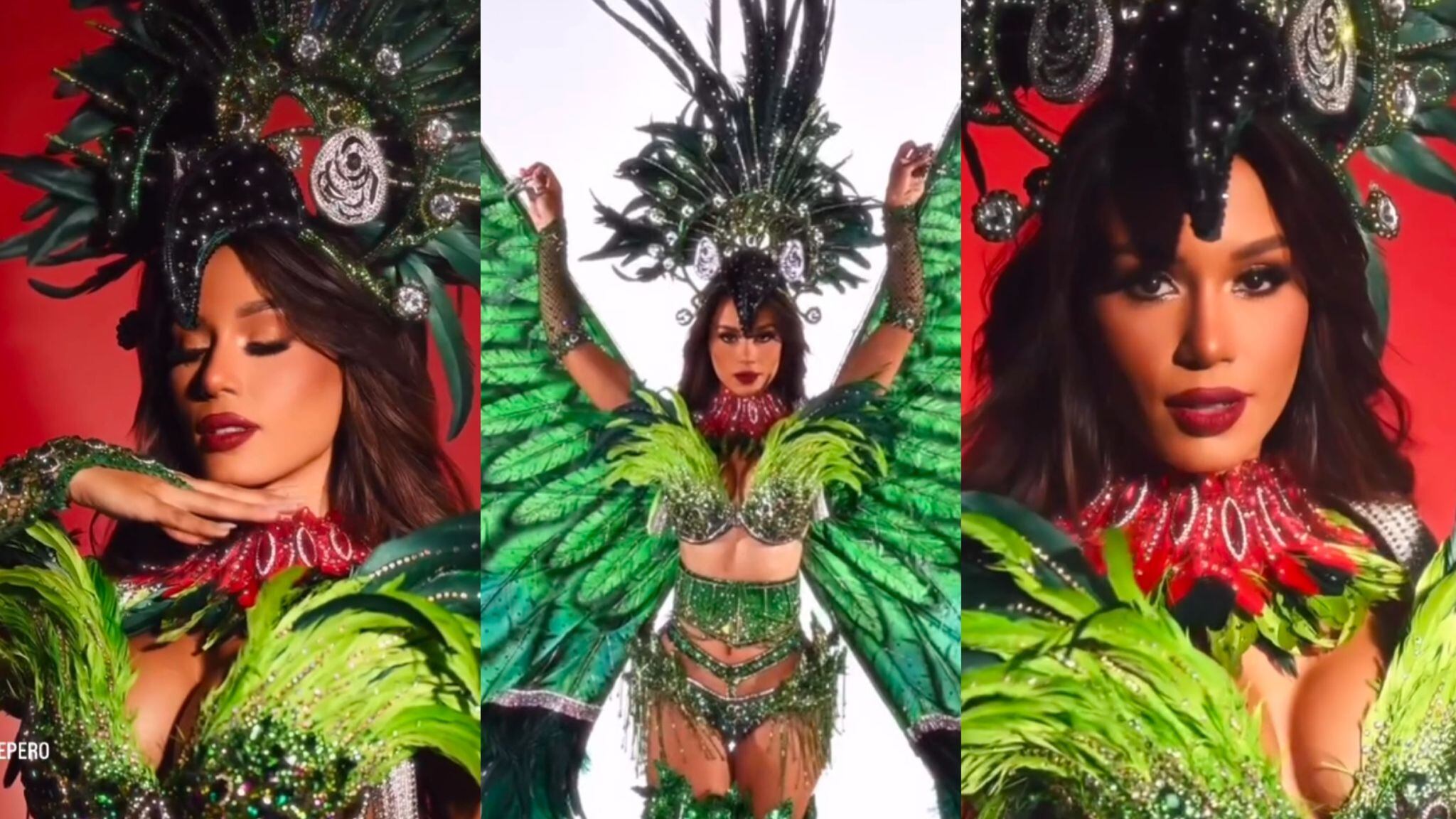 María Cepero presenta su traje de fantasía inspirado en la cotorra puertorriqueña.