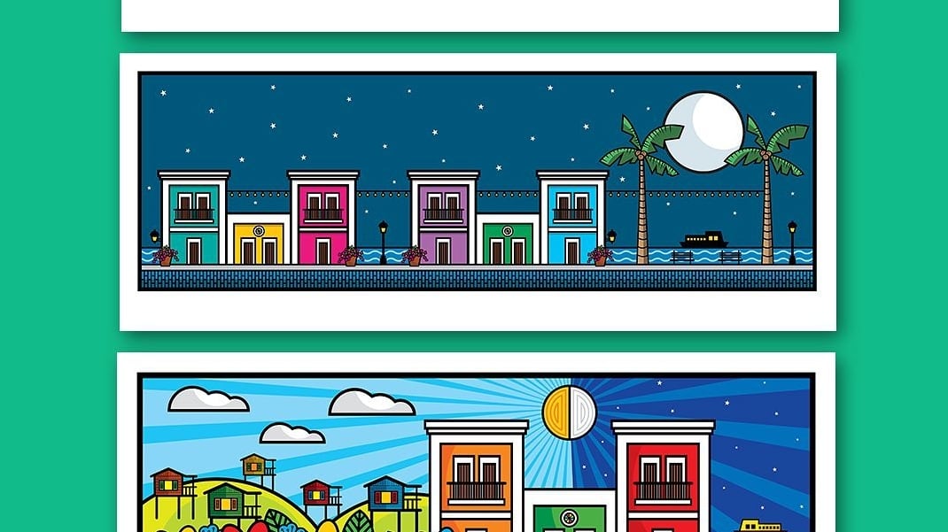 Tres carteles horizontales que muestran una calle del viejo San Juan, todas en un escenario distinto.