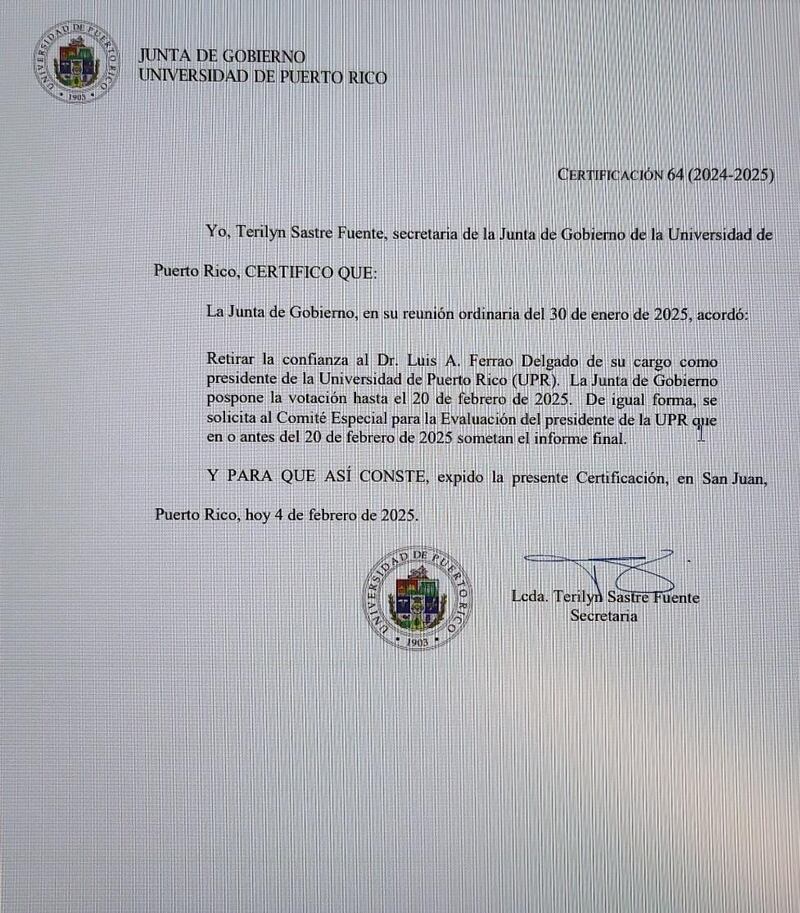Carta de la Junta de Gobierno UPR certificando la liquidación de Ferrao.