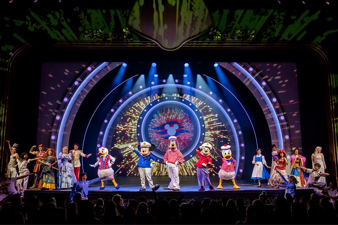 “Disney Seas the Adventure” is an original musical spectacular that features beloved characters from Disney and Pixar stories alongside rousing renditions of iconic Disney songs. The voyage begins when Captain Minnie hands over the helm to her dear friend Goofy as he sets sail into uncharted waters on a journey to discover his own inner captain. (Kent Phillips, photographer)
