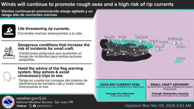 Tiempo para el lunes, 9 de marzo de 2026.