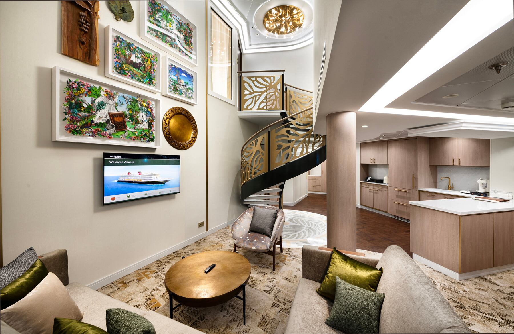 The adventure-inspired accommodations aboard the Disney Treasure, Disney Cruise Line’s newest ship, extends to four royal suites that pay tribute to the faithful feline companions of daring Disney characters. The upscale designs include the Bagheera Royal Suites, honoring the noble panther from “The Jungle Book” and the lush forests he calls home. (Kent Phillips, photographer)