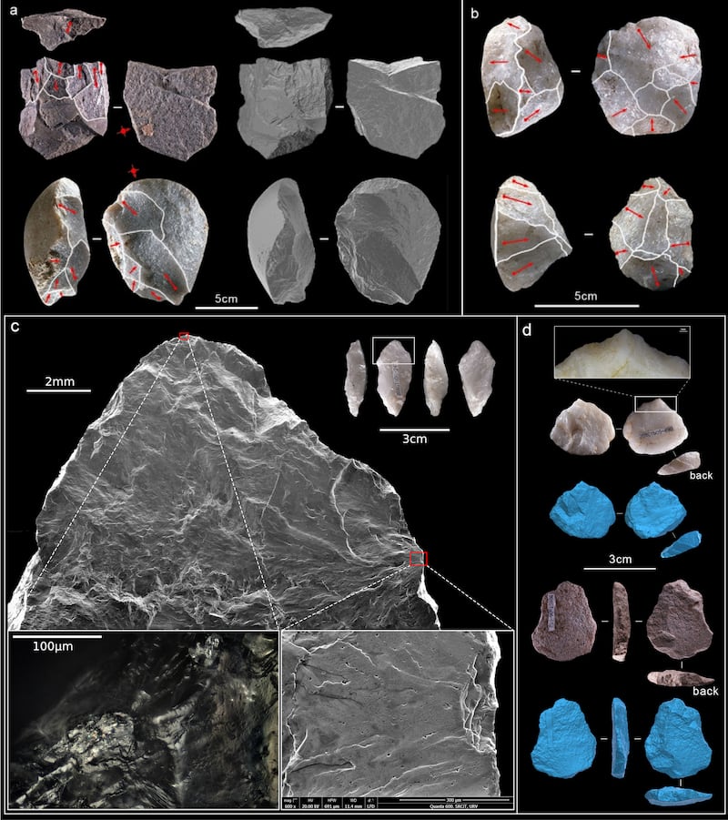 Descubren en China las herramientas de piedra enmangadas más antiguas de Asia oriental. En la imagen, (a) núcleos sobre lasca; (b) núcleos discoides; (c) parte activa de un perforador enmangado, con huellas de uso; y (d) perforadores con dorso rebajado. Crédito:: IVPP-IPHES-CERCA.