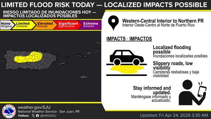 Riesgo limitado de inundaciones para el viernes, 24 de abril de 2026.