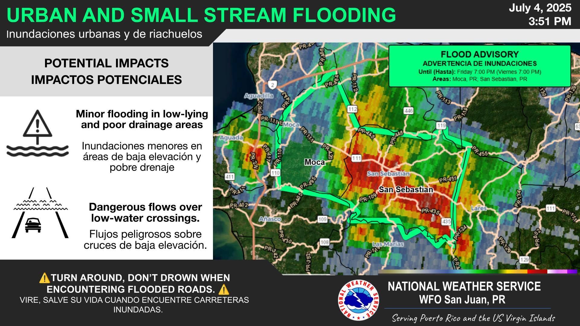 Emiten advertencia de inundaciones para Moca y San Sebastián