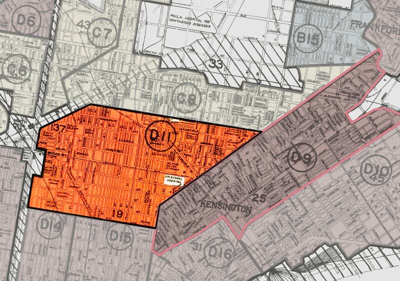 Este mapa muestra el aspecto de los mapas según las evaluaciones de vivienda de la década de 1930, que sombreaban en rojo vivo partes del norte de Filadelfia como Fairhill y Kensington.