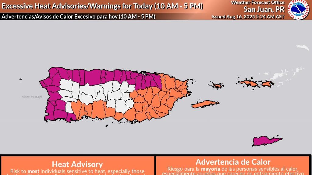 Advertencias y avisos de calor excesivo para este viernes, 16 de agosto de 2024.