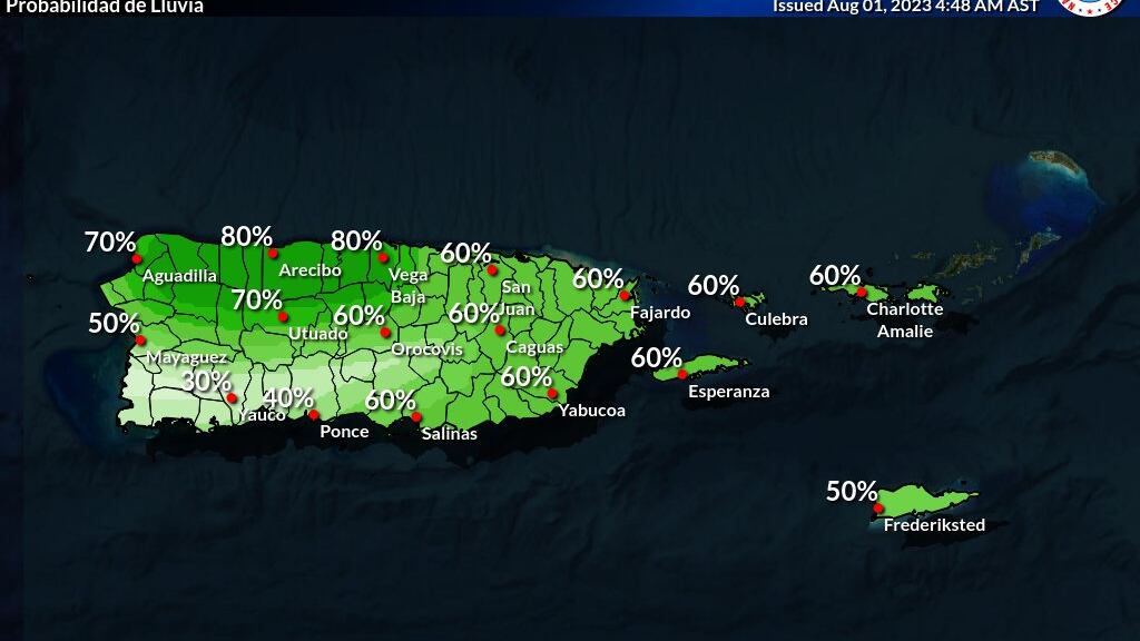 Probabilidad de lluvia para el primero de agosto de 2023.