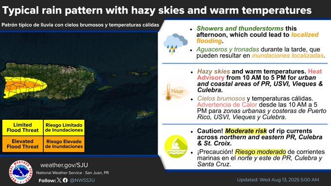 Advertencia de calor, lluvias y bruma para Puerto Rico.
