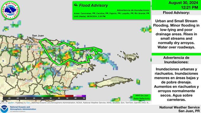 Advertencia de Inundaciones para Canóvanas, Carolina, Fajardo, Luquillo y Río Grande.