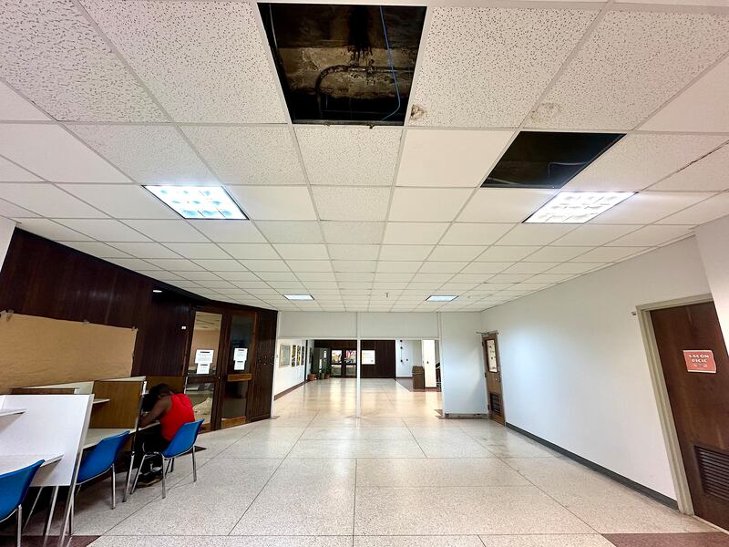 Las filtraciones en la biblioteca han obligado a remover plafones en los techos.