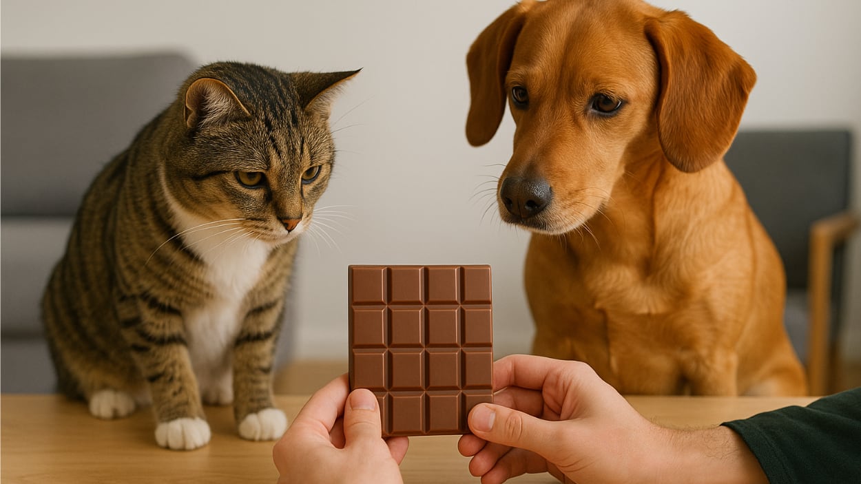 Perro y gato cerca de chocolates de San Valentín sobre la mesa, riesgo de intoxicación en mascotas