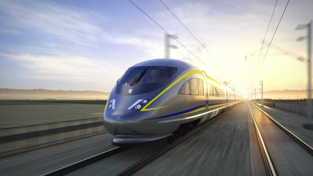 **Diseño del tren de alta velocidad propuesto para unir Los Ángeles y San Francisco, parte del ambicioso proyecto ferroviario público de California.**