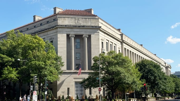 The United States Department of Justice Headquarters in downtown Washington, DC. Panoramic view of the building.