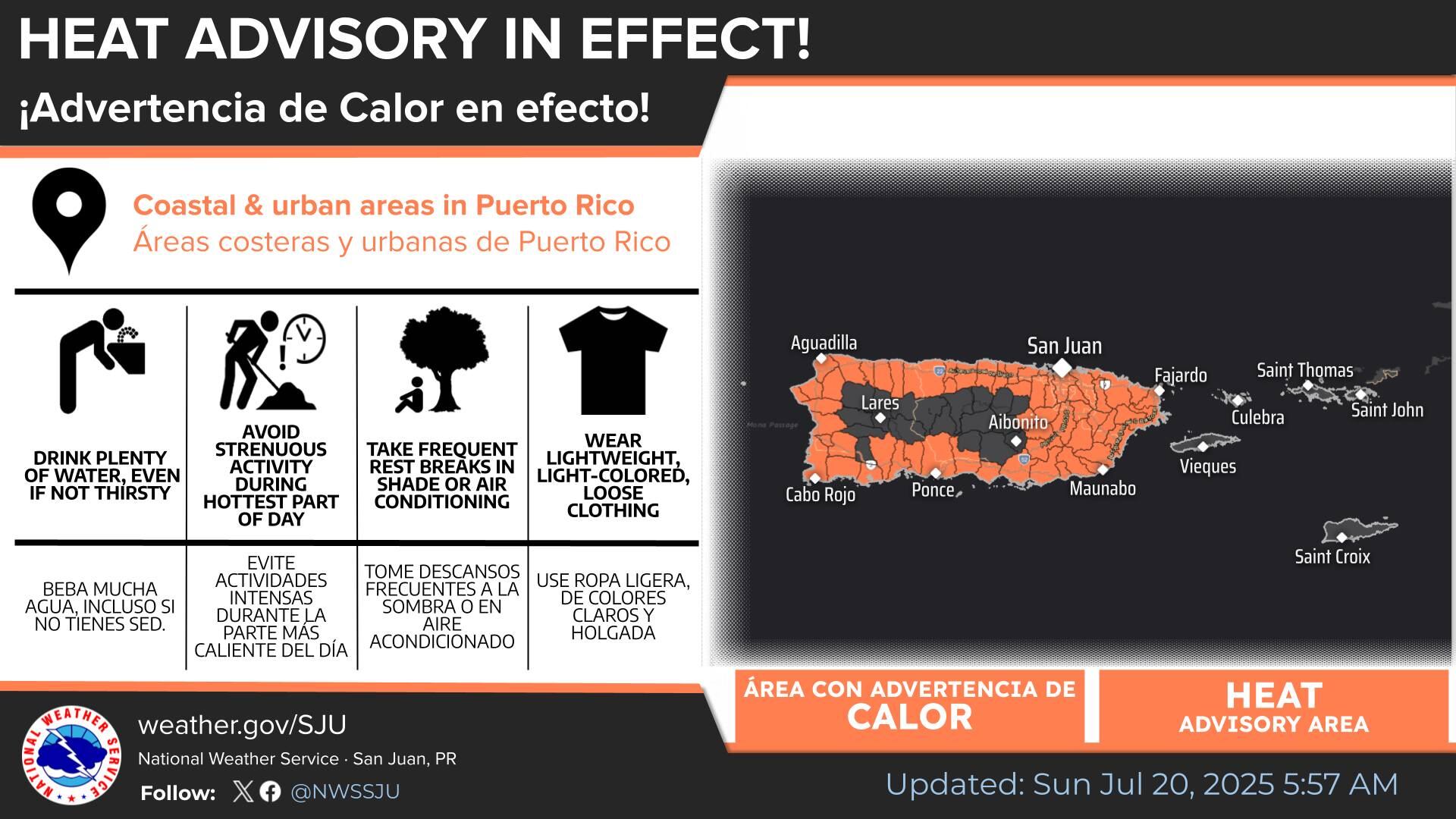 La advertencia de calor estará vigente desde las 11:00 de la mañana hasta las 4:00 de la tarde.