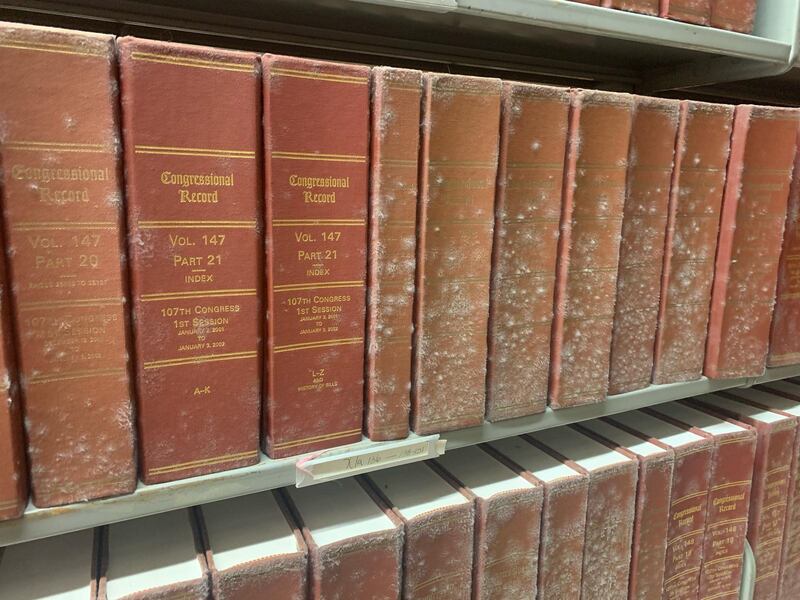 Proliferación de hongos en libros que se afectaron en octubre de 2024 ubicados en la Sala de Circulación y Reserva.