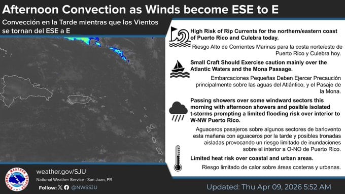 Tiempo para el jueves, 9 de abril de 2026.