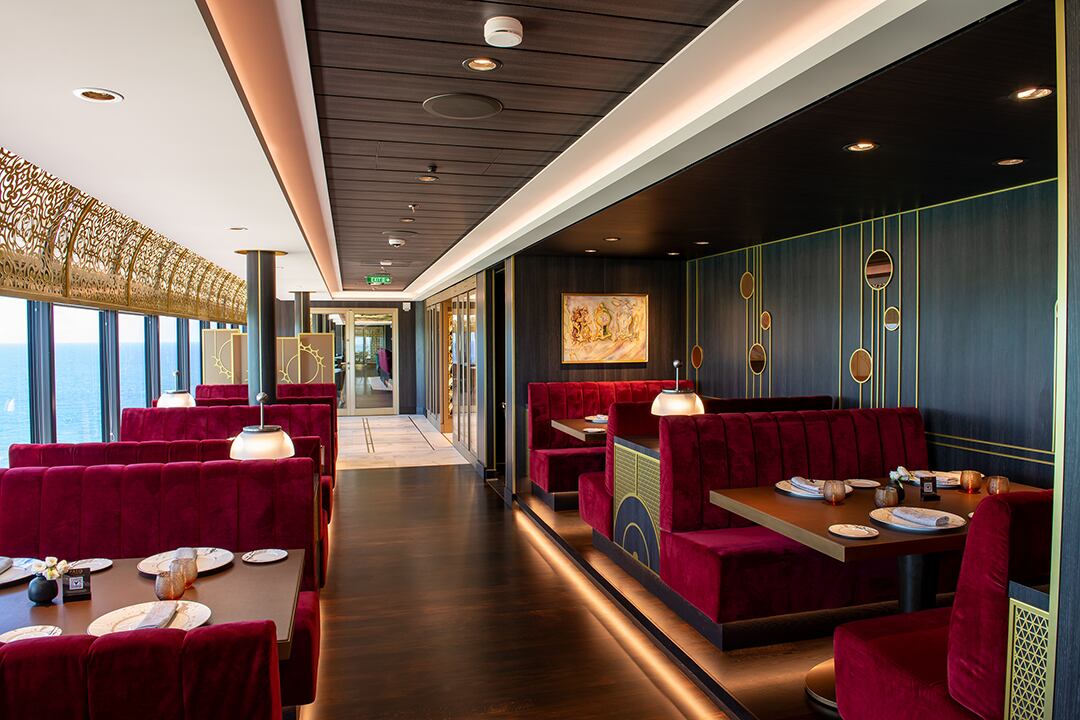 The Disney Treasure, Disney Cruise Line’s newest ship, includes Palo Steakhouse, a twist on Disney Cruise Line’s signature specialty dining venue. The menu in this adult-exclusive venue strikes a balance between time-honored Italian fare and modern steakhouse dining, and the decor is inspired by Cogsworth, the majordomo-turned-enchanted-clock from “Beauty and the Beast.” (Amy Smith, photographer)