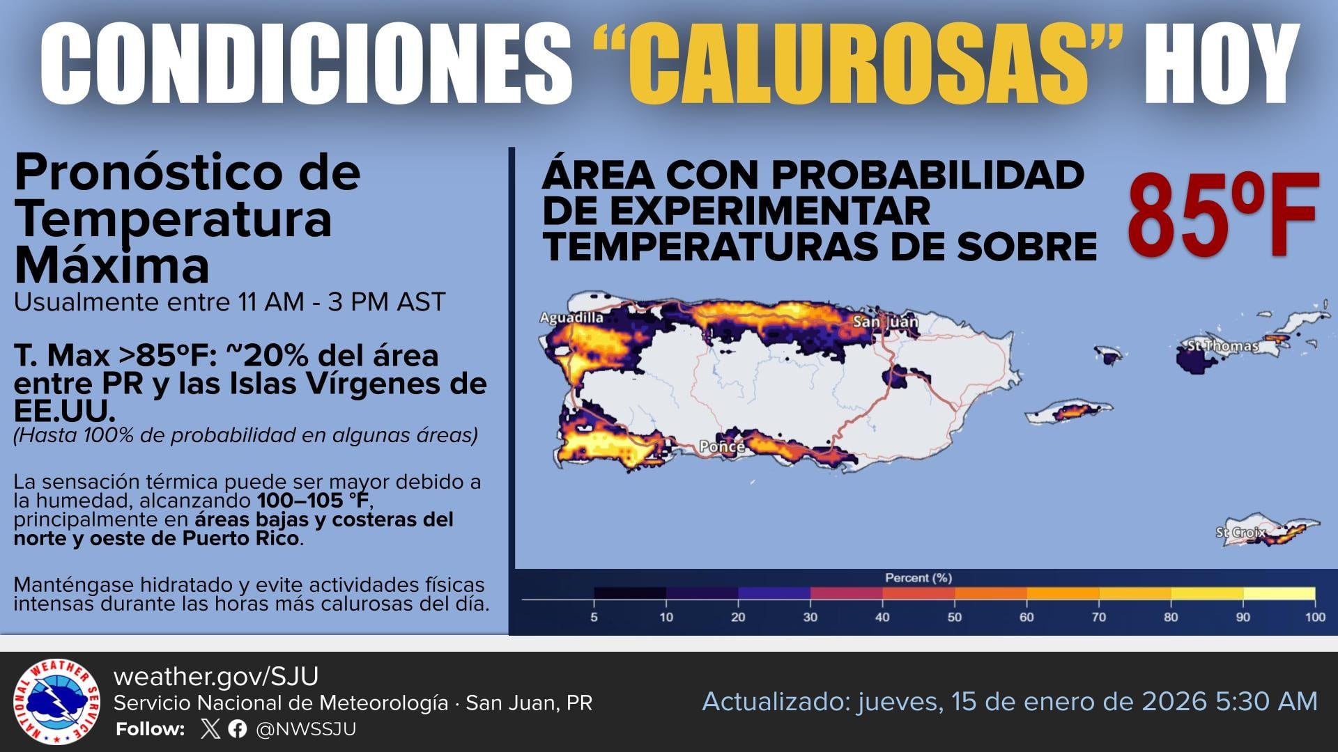 Informe del tiempo para el jueves, 15 de enero de 2026.