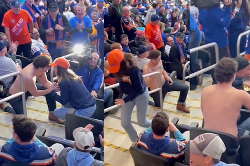 Hombre pide matrimonio en partido de hockey y su novia huye