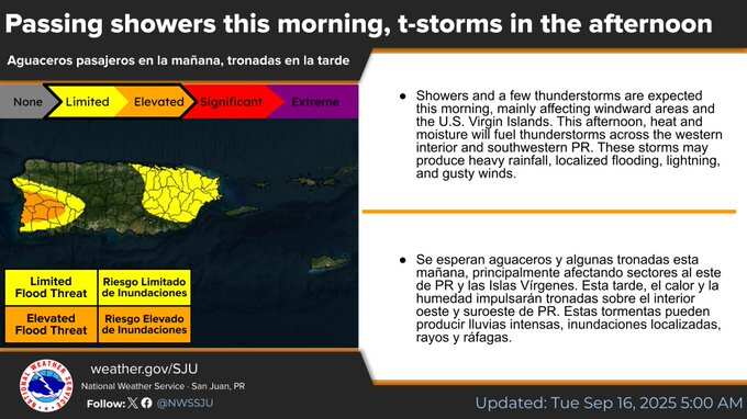Tiempo para el martes, 16 de septiembre de 2025, en Puerto Rico.