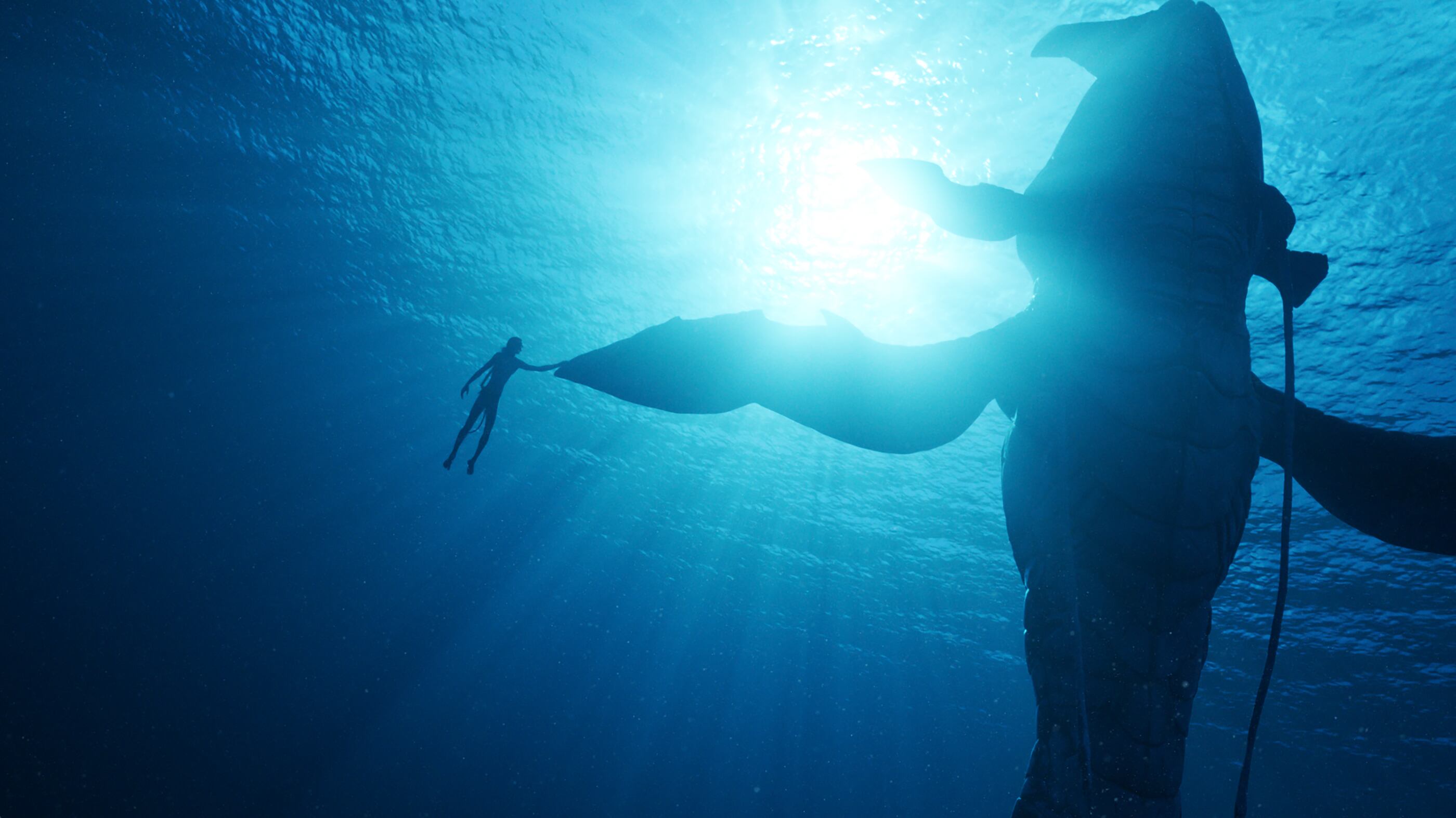 Un personaje del universo de Avatar nada junto a una ballena.