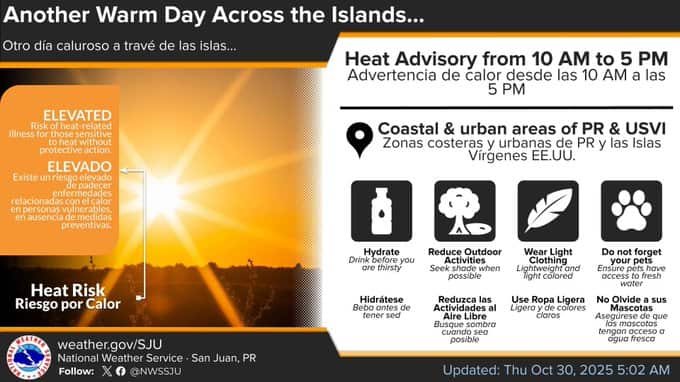 Advertencia de calor para este jueves, 30 de octubre de 2025.