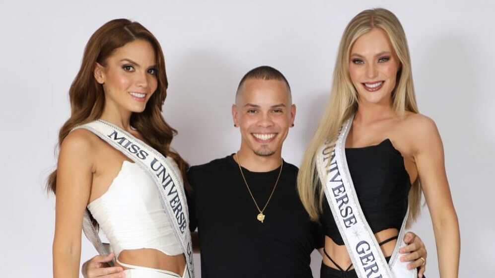 Benjamín Díaz junto a Miss Colombia y Miss Alemania, candidatas de Miss Universo 2024.