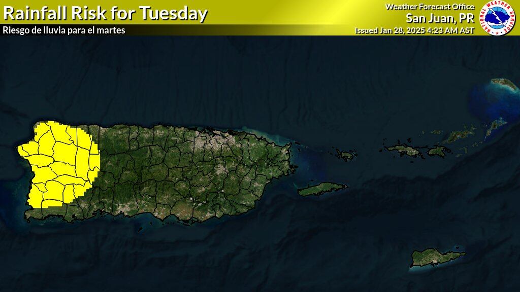 Riesgo de lluvia para el martes, 28 de enero de 2025.