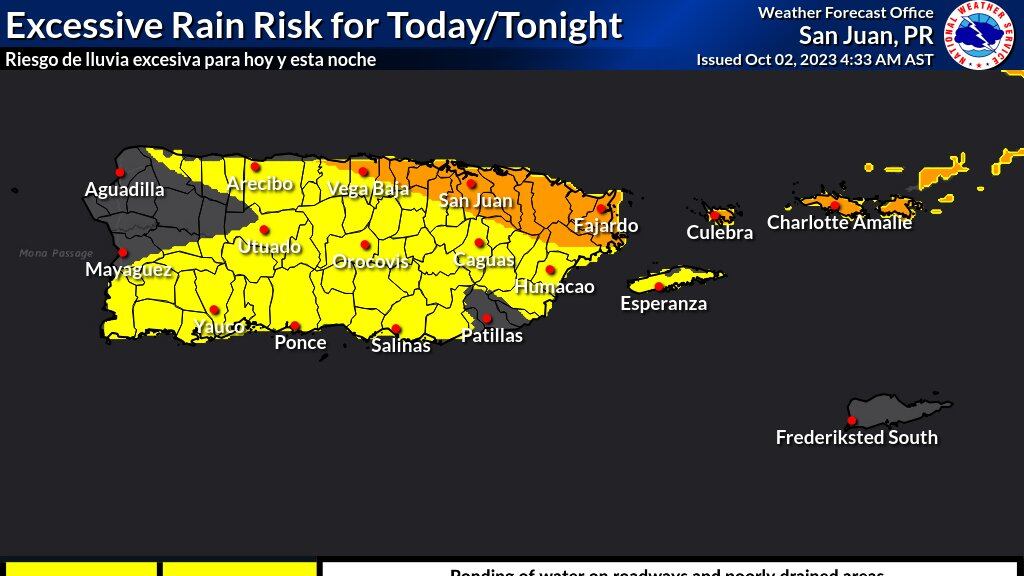 Riesgo de lluvia excesiva para este lunes, 2 de octubre de 2023.