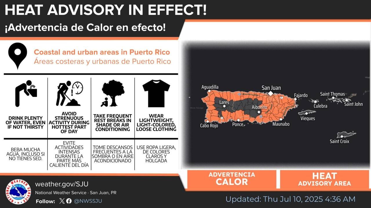 Advertencia de calor para el jueves, 10 de julio de 2025, en Puerto Rico.