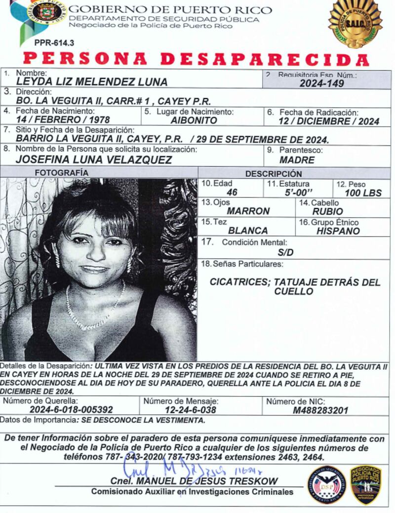 Autoridades reportan desaparición de una mujer de 46 años en Cayey.