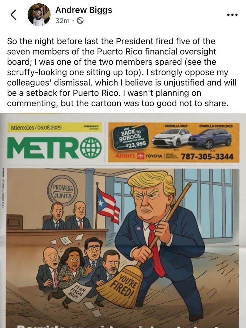 El ahora exmiembro de la Junta de Control Fiscal compartió una portada del periódico Metro Puerto Rico sobre los despidos.