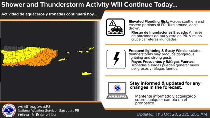 Siguen los aguaceros y tronadas en Puerto Rico.